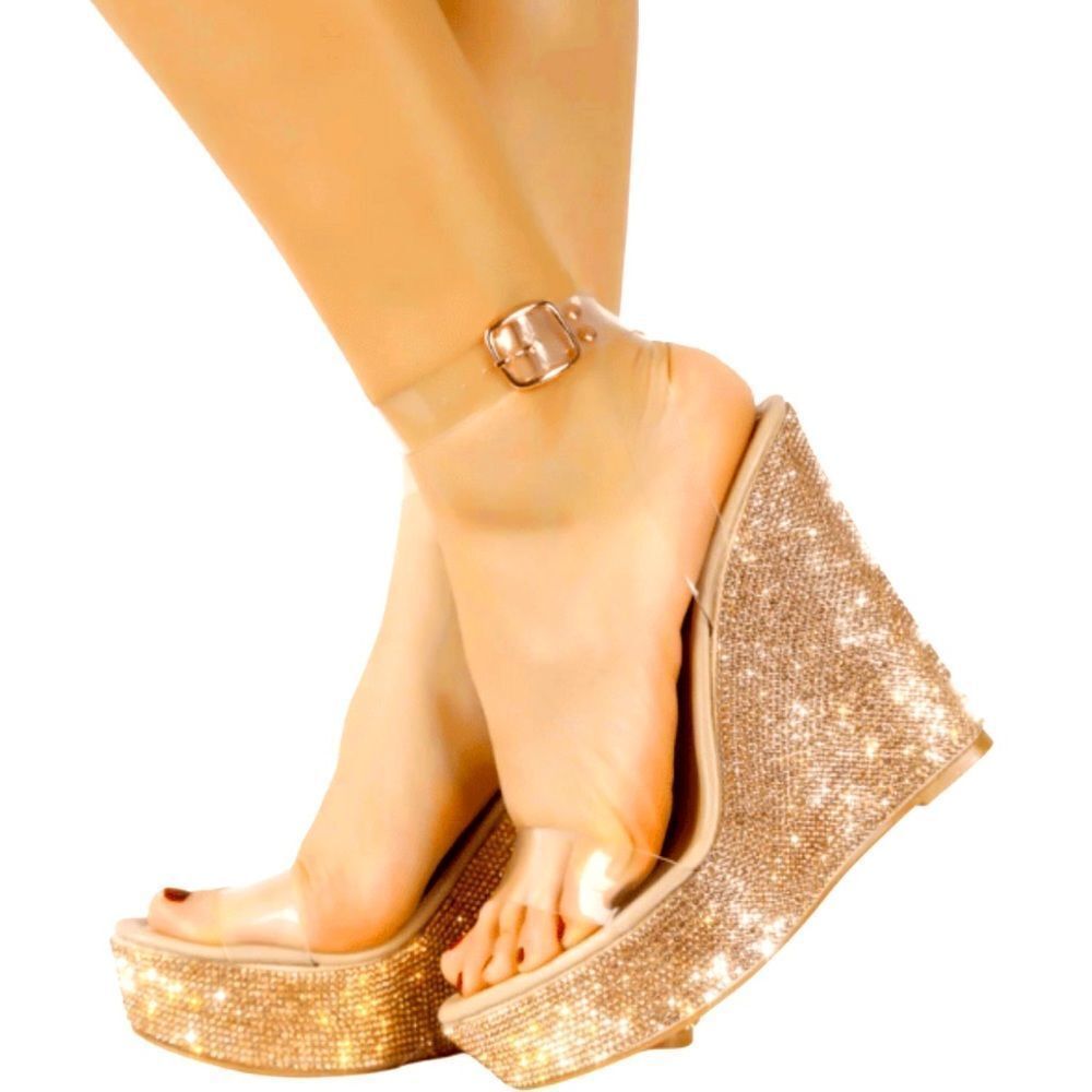 NUDE/ ROSE GOLD RHINESTONE WEDGE SANDAL